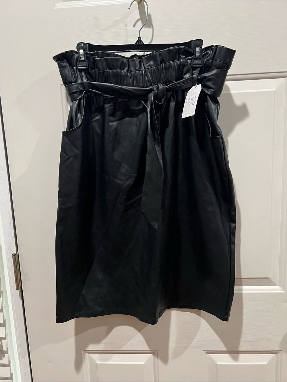 Time and Tru Black Faux Leather Paperbag Waist A-Line Skirt